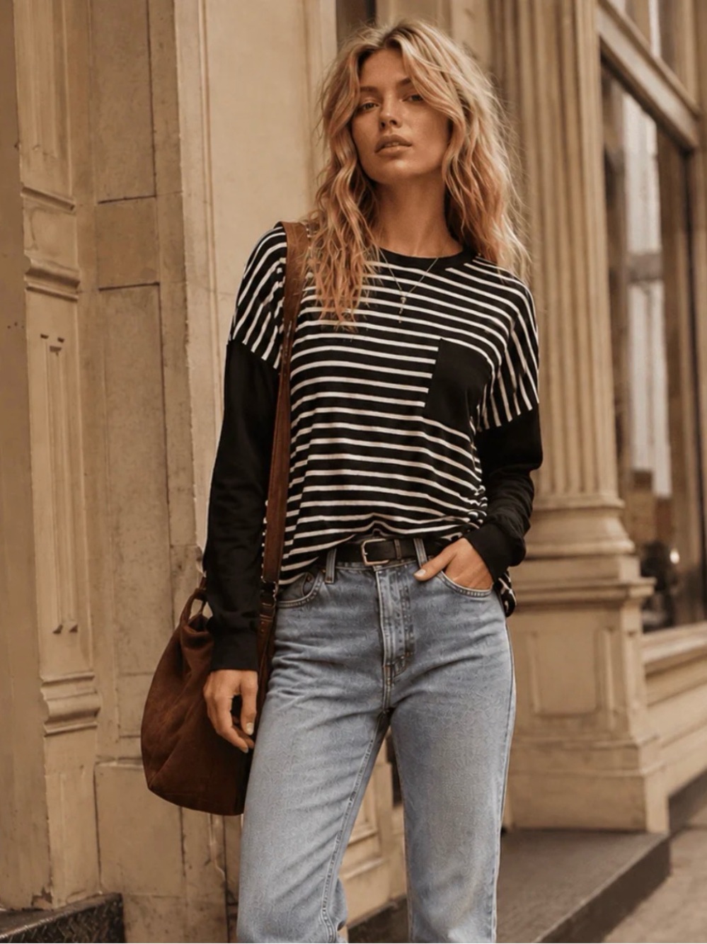 🌟B697. Stylish Striped Long Sleeve Pocket Tee in Black